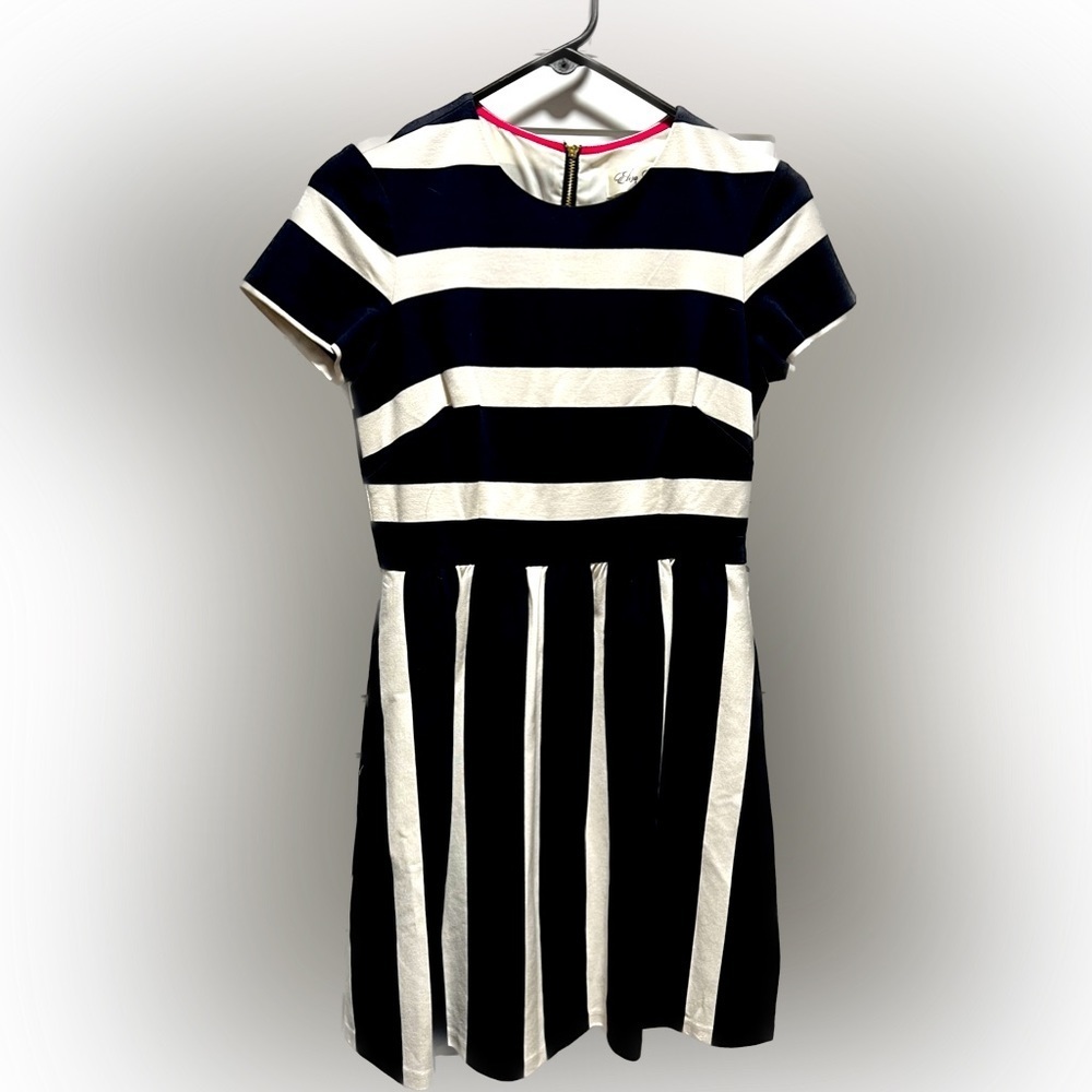 Eliza J striped fit and flare dress navy and cream womens 4 (D2)
